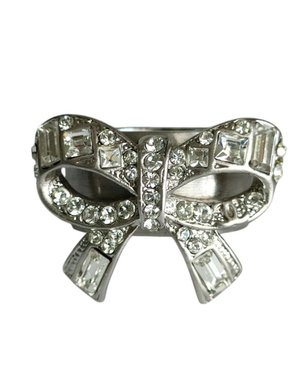 Chanel Rhinestone Ribbon Motif Ring To Silver